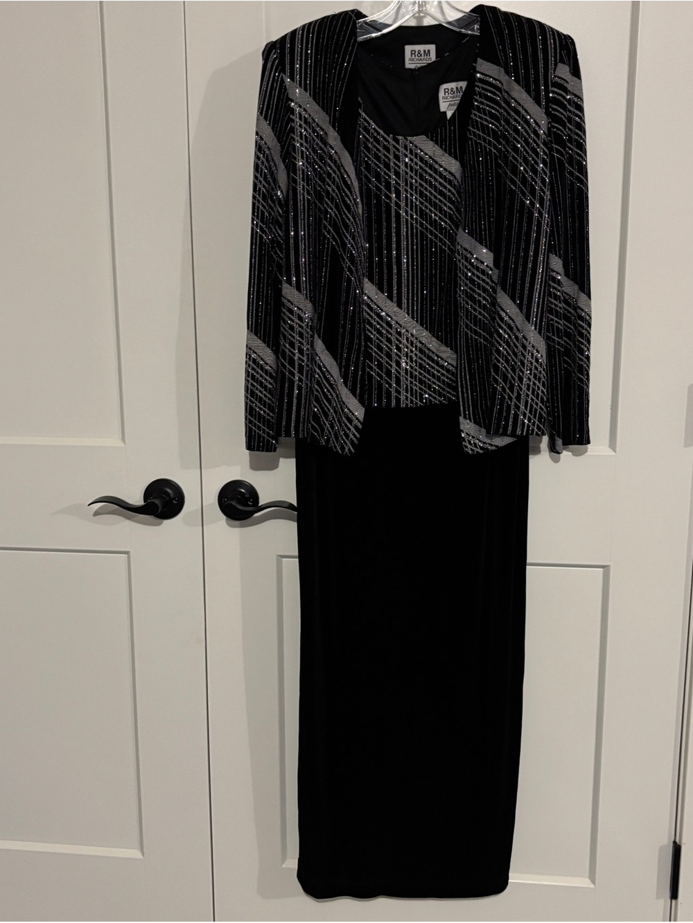 Vintage R&M Richards Black Silver Sequin Metallic Stripe Maxi Mock Jacket Dress